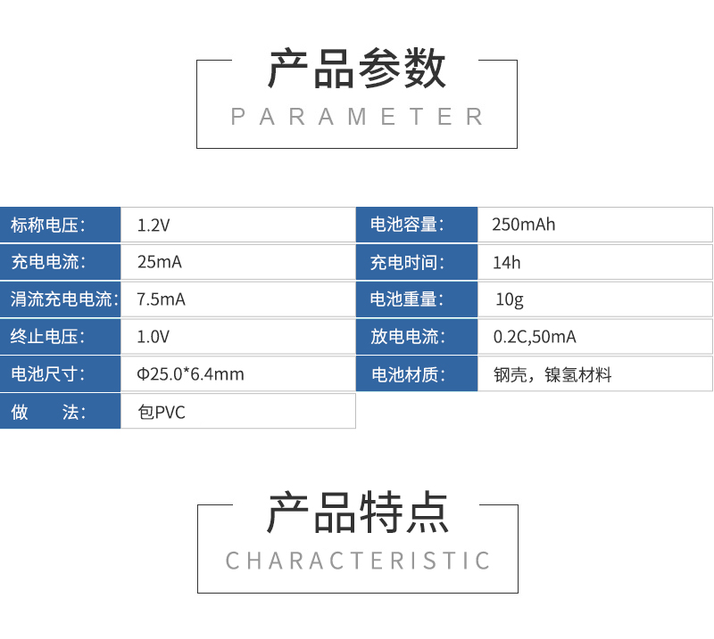 250H帶腳鎳氫電池產(chǎn)品參數(shù)