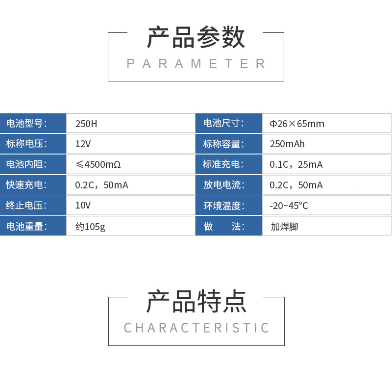 250H12V鎳氫焊腳電池規(guī)格參數(shù)